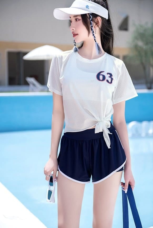 水着 タンキニ レディース トップス カジュアル 夏 高校生 中学生 10代 20代 ビキニ スポーティー タンクトップ 3点セット 体型カバー ホワイト ブルー ゆったり セクシー 白 青