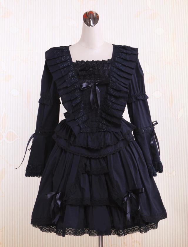 【全店任意2枚購入で100円OFF】ロリータワンピース，ブラック・ピンク　スクエアネック　ドローストリング　ロングスリーブ　スィート