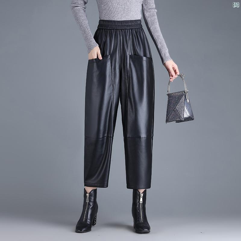レザーパンツ レディース 秋冬 ハイウエスト たり レディースパンツ 九分丈 パンツ ワイド レッグ ブルマ PU 6,326円
