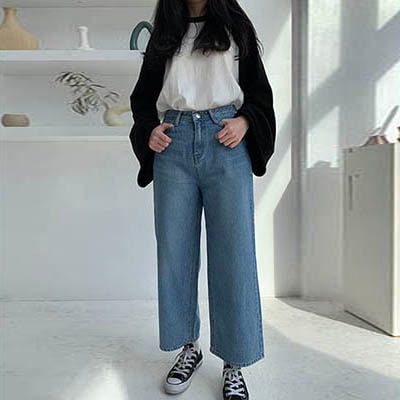 2019 NEW 春 白黒ワイドストレートパンツ