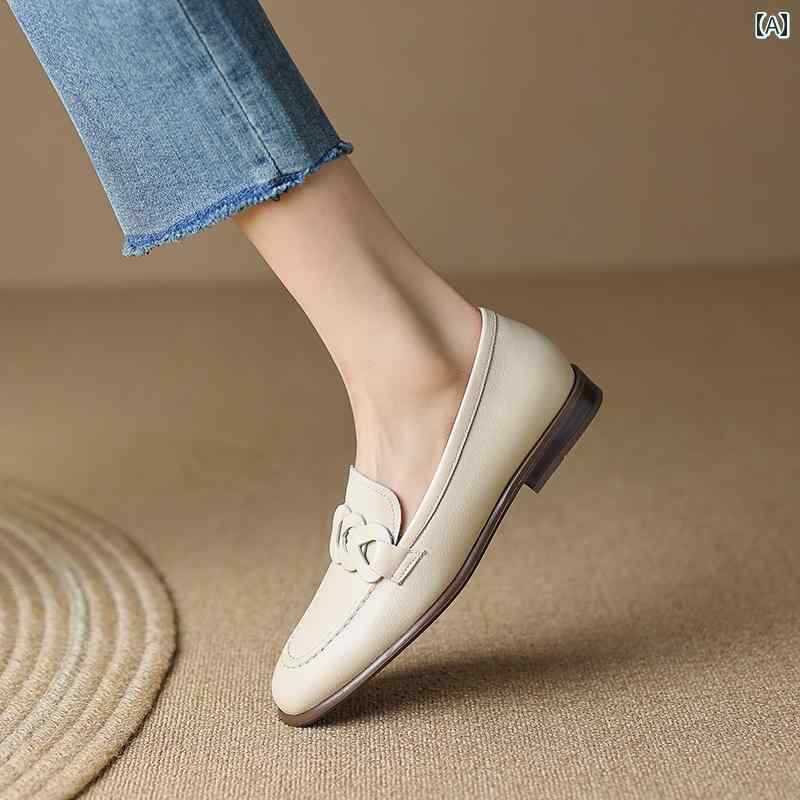 ローファー レディース オフィス フレンチスタイル フラット シューズ 女性用 春 革 牛革 ラウンド トゥシューズ 女性用 ライト カラー ローヒール 深口 通勤用