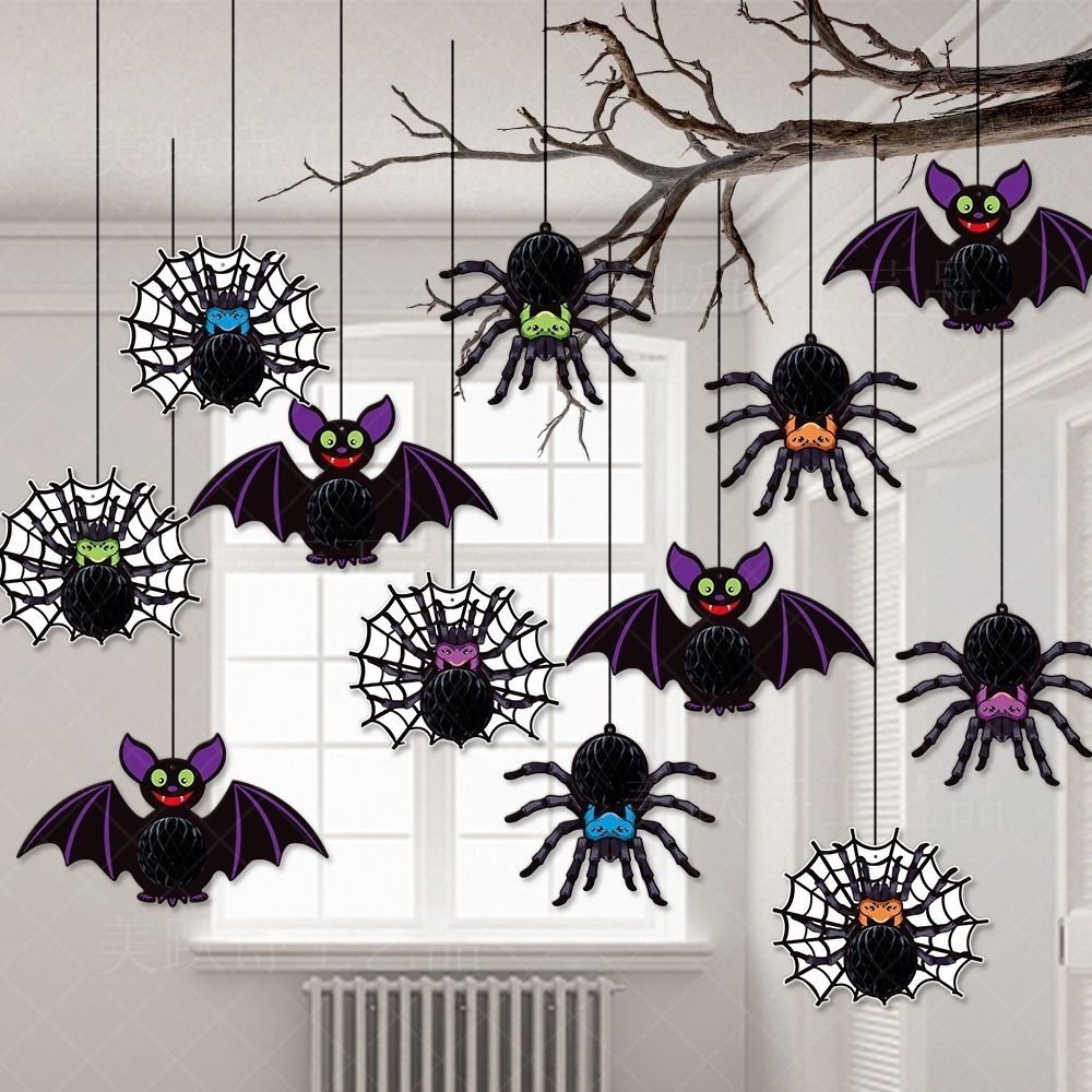 新しいハロウィンデコレーションペンダントスパイダーバットハニカムボールペンダント立体スパイダーハニカムペンダント