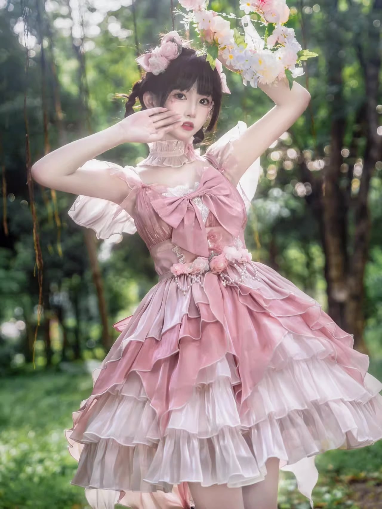 Lolita ピンクの花嫁ワンピースJSK洋装華やか雰囲気ドレスプリンセススカート 二次元 文化祭 メイド服 メガ割