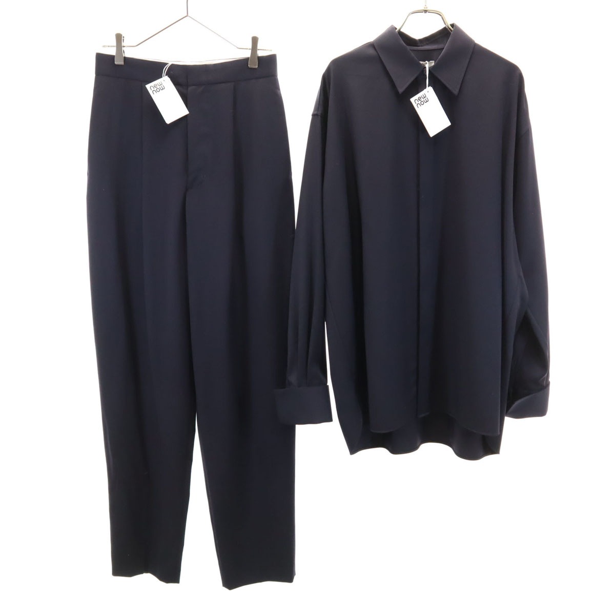 未使用 newnow ニューナウ 日本製 ウール 長袖 シャツ 上下セットアップ L/M ネイビー メンズ 古着