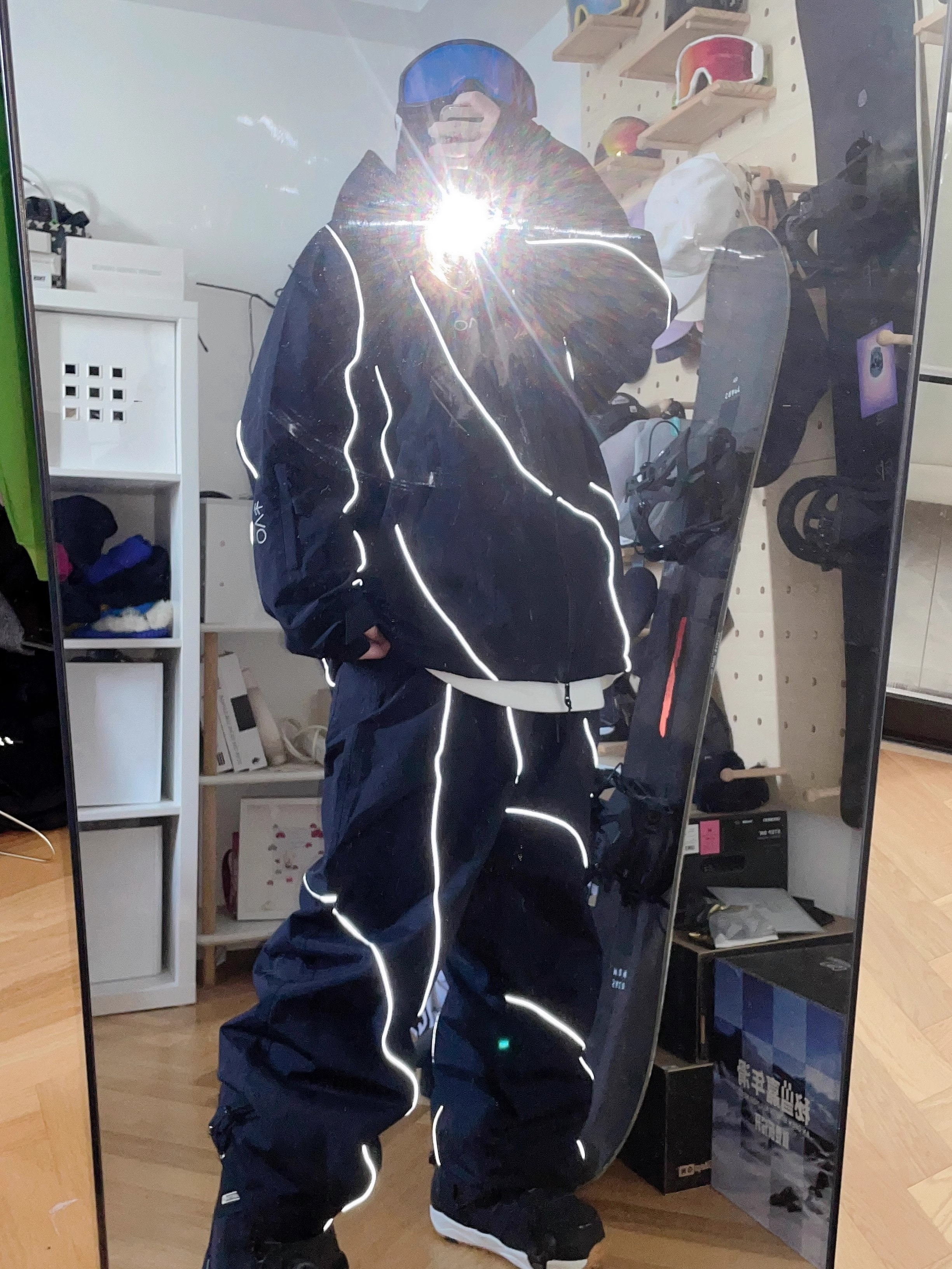 新品（1～3日で出荷）スノーボードウェア 上下セット メンズ レディース 光反射ライン アウター ジャケット パンツ 裏起毛 セットアップ 風 防風防水 スノーウェア スキーウェア