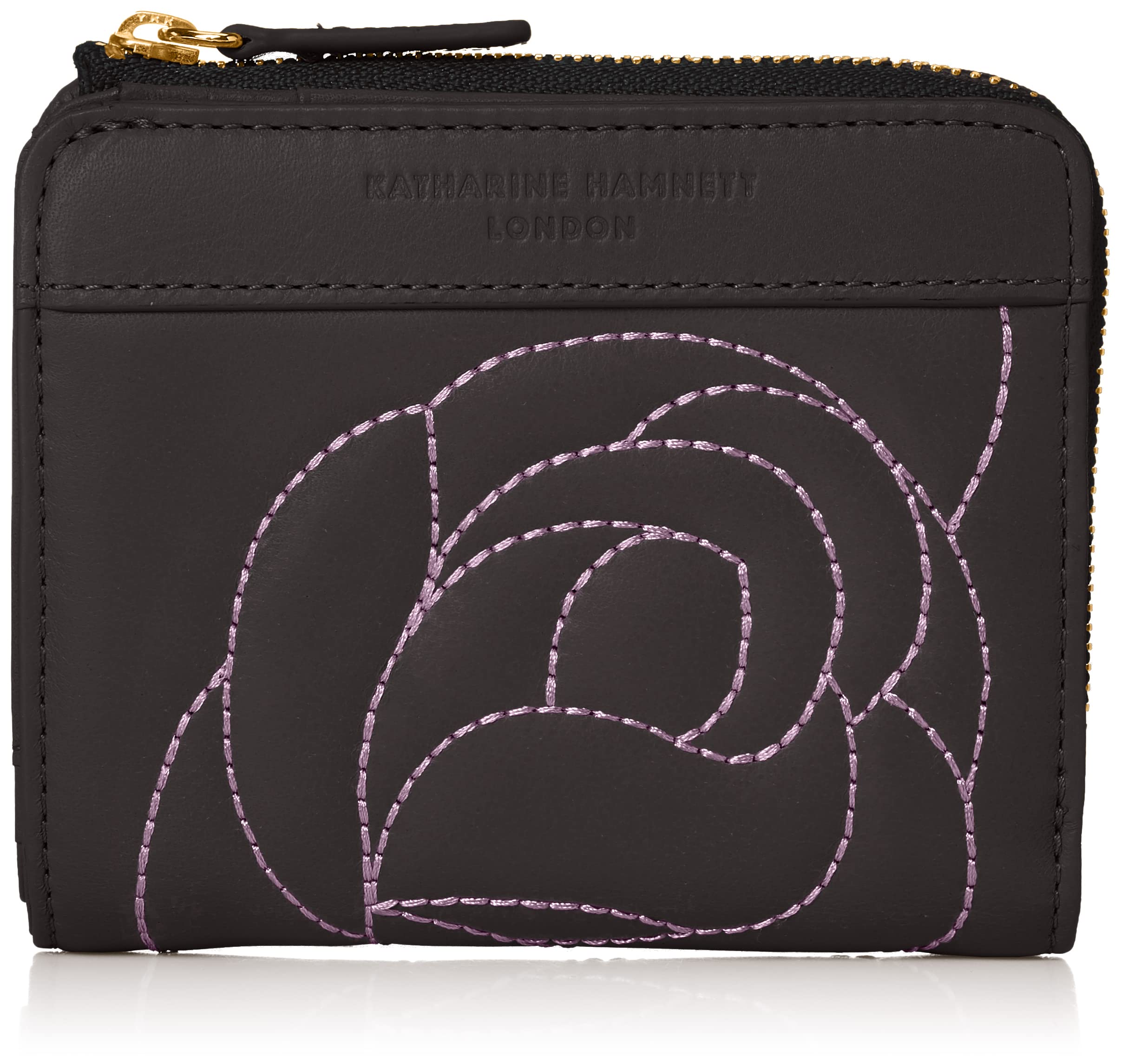 [キャサリンハムネット ロンドン] 二つ折り ファスナー 小銭入れ ローズステッチ KHP632 レディース ブラック