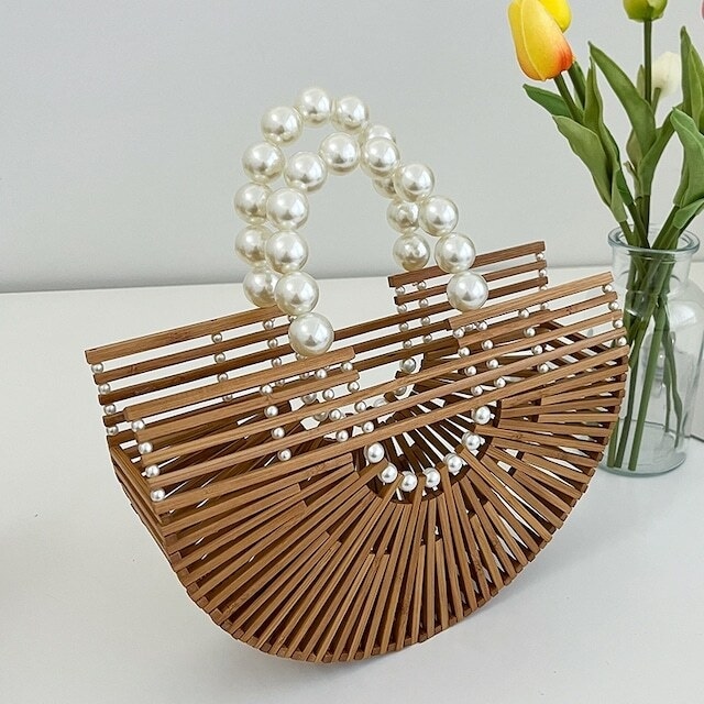 レディース バンブーバッグ パールハンド ハーフムーン 竹 カゴ かごバッグ 半月バッグ レディース サマーバッグ クラッチバッグ カバン ガーリー 大人可愛い