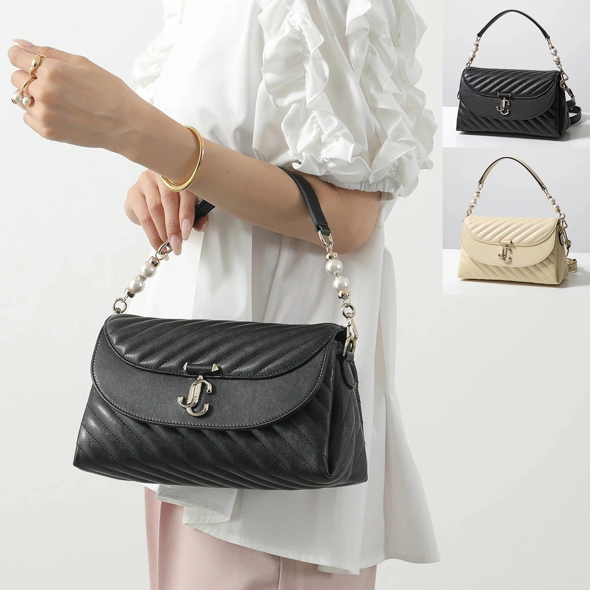 Jimmy Choo ジミーチュウ ショルダーバッグ AVN CURVE TOPHANDLE/U QOJ レディース レザー JCロゴ ハンドバッグ クロスボディ 鞄 カラー2色