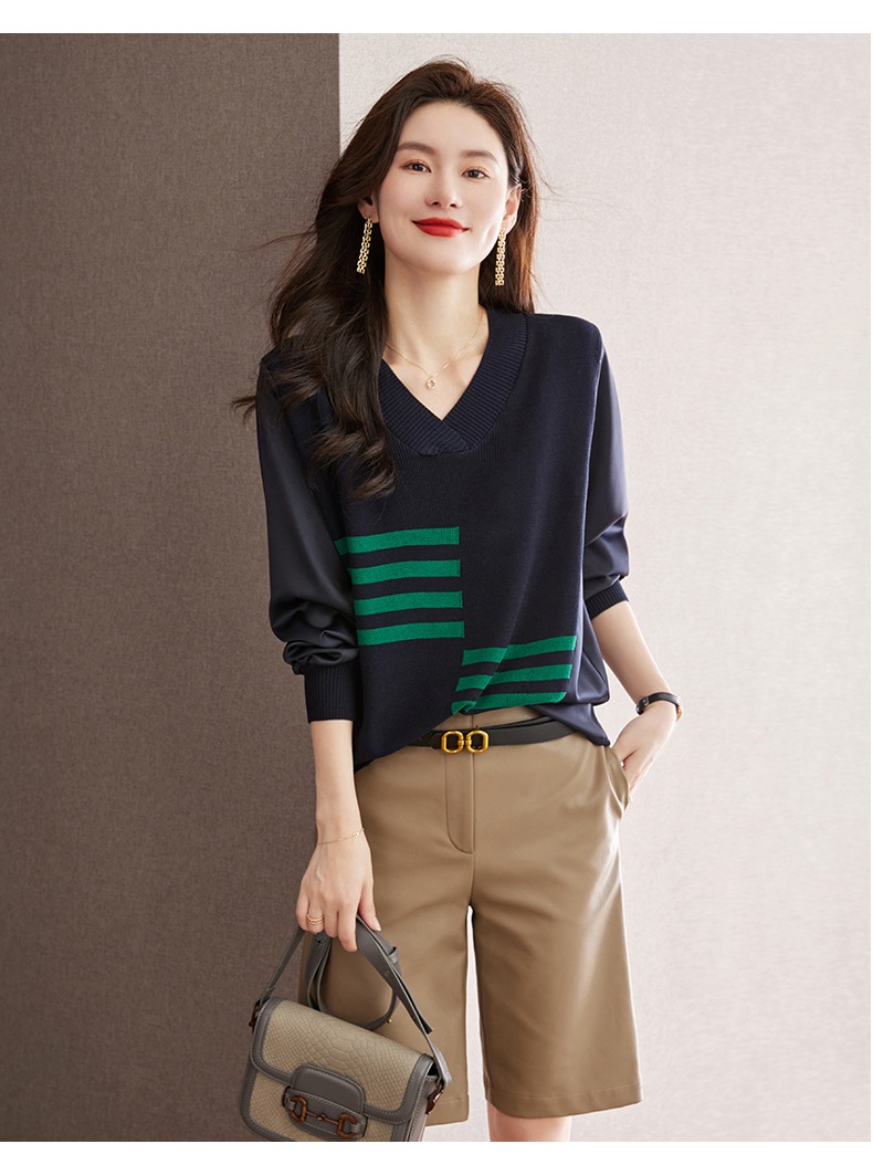 V ネック エレガント ニット セーター 秋 スタイル トップ 女性 ネイビー ブラック カーキ M L XL XXL トップス 袖あり かわいい 大人可愛い きれいめ シンプル カジュアル 大人