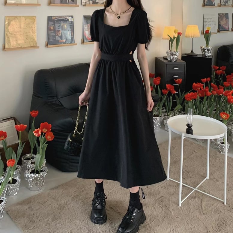 レディース ロングワンピース サイドオープン スクエアネック 半袖 パフスリーブ ウエストカット