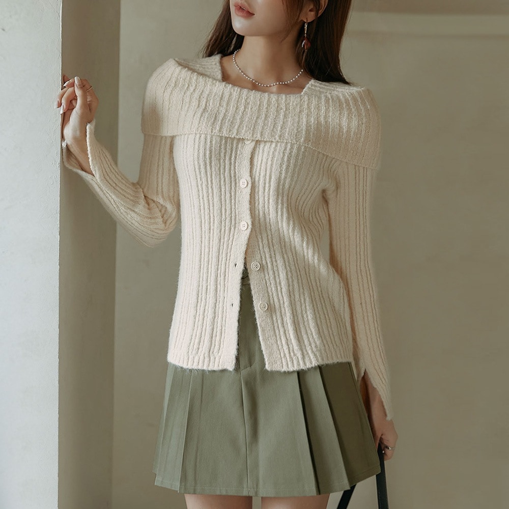 リブ編みオフショルダーニットトップス