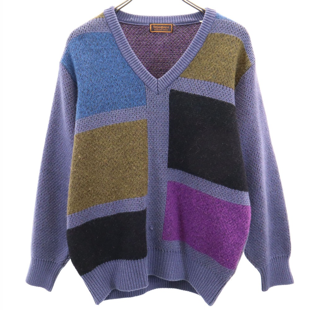 80s 90s ウールブレンド オールド 長袖 Vネック セーター M ネイビー tricots pour homme ニット 厚手 メンズ