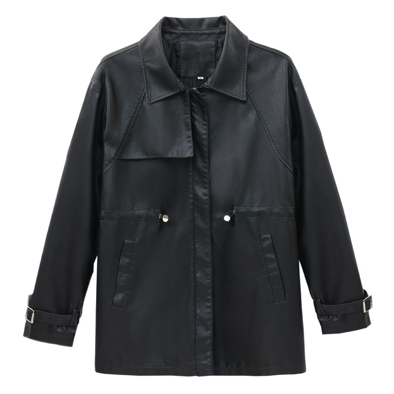 革ジャン 秋の婦人服新香港風ファッションカジュアル腰節ドローロープロングコート 柔らかい皮質 防風防水 OL通勤コート着