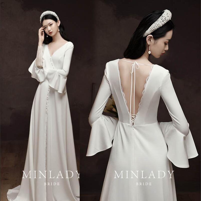 ウェディングドレス Ｖネック サテン マーメイドラインドレス 二次会ドレス 結婚式 ブライダルドレス 前撮り 後撮り 花嫁 フォトウェディング 披露宴 エレガント セミオーダー おしゃれ weddin