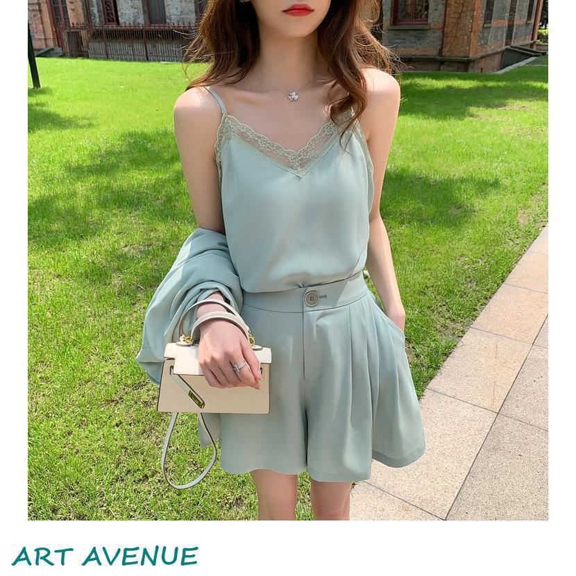 スーツ おしゃれ OL キャミ 4点セット ショートパンツ オフィス ワイドパンツ レディース 30代40代50代 ブレザー 通勤 ジャケット 夏 セットアップ ウェストゴムアウターAラインコートアウ