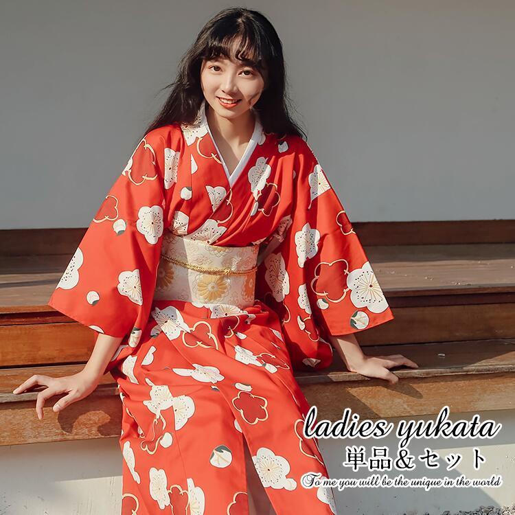 桜柄レッド 浴衣 ゆかた yukata レディース 女性 作り帯 セット 2点セット 女性 女の子 洗える お花見 レトロ 街着 お出かけ お稽古 ショッピング 夏祭り 文2025