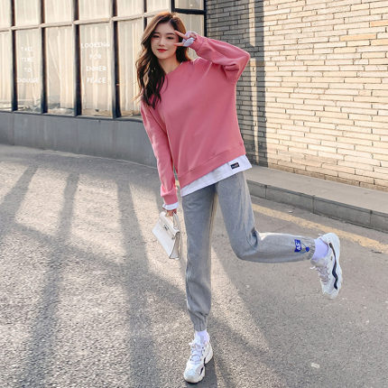 トップス Tシャツ 部屋着 レギンス レギパン ストレートパンツ 膝下 レギュラー丈 長袖 レギュラー袖 ラウンドネック 襟なし ストレート 2点セット ツーピース フェイクツーピース シンプル 大人