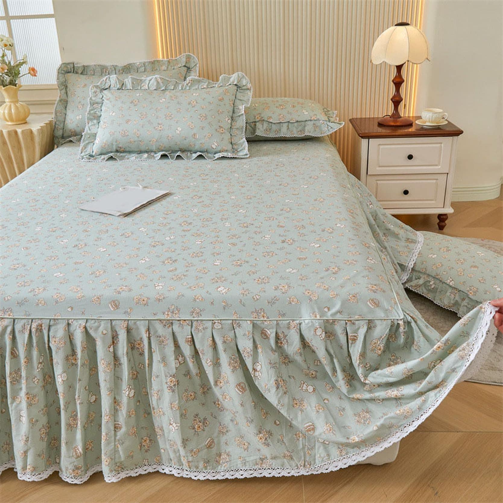 Fzigenle ベッドスカート ベッドスプレッド フリル 綿ベッドカバーなめらか肌触り A200*220 寝具カバー 雰囲気アップ 敷きシーツ フリル 肌触り良い 2点枕カバー ベッドカバー 暖かい