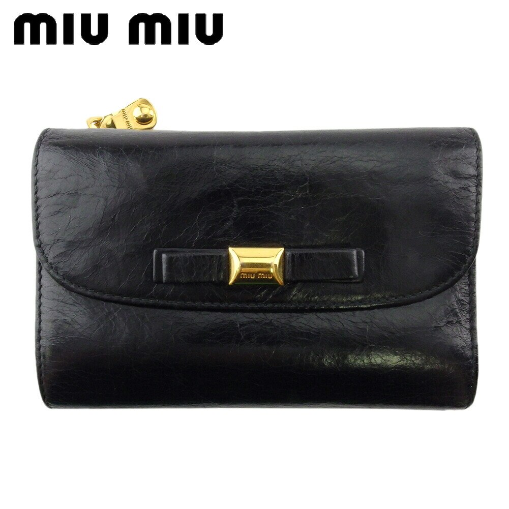 L字ファスナー 財布 三つ折り リボン レディース ブラック ゴールド 中古