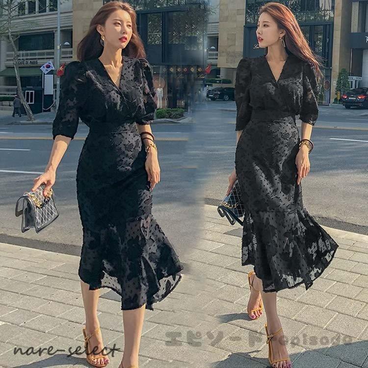 ワンピース レディース 40代 きれいめ膝丈ワンピース 上品 レース マキシワンピース 黒 ワンピースドレス 春 韓国風 二次会 ドレス お出かけ 20代30代40代