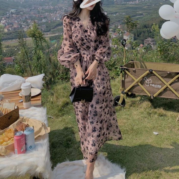 カシュクール風 ボウタイ付き フラワー柄 フローラル ワンピース ワンピドレス 膝下 ミモレ丈