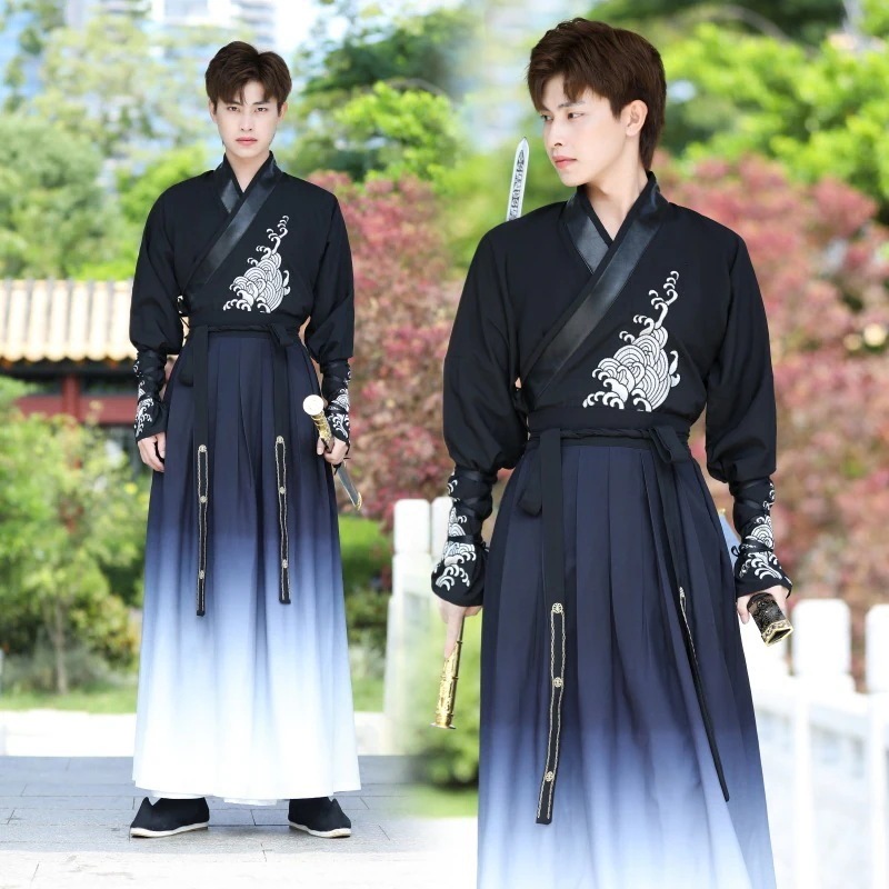 オリジナル黒漢服メンズハンサム古代衣装武道風学生少学者クラス制服パフォーマンス衣装パフォーマンス衣装