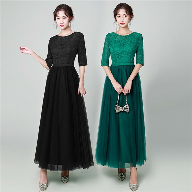 グリーン/ブラック マキシ丈 ロング丈　ロングドレス　スカート 二次会ドレス フォーマルドレス　春 夏 秋 冬 パーティドレス 二次会 2次会 レース 成人式 同窓会 謝恩会 大学生 服装 入学 7,041円