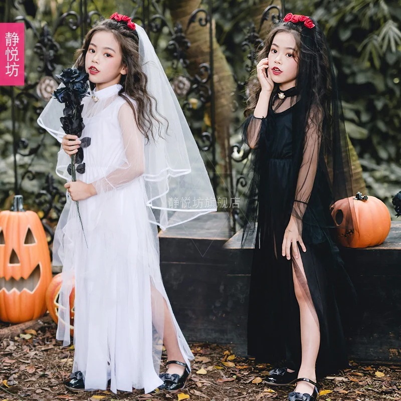 子供用ハロウィンコスチューム女の子用ダーク悪魔幽霊花嫁ロングドレス吸血鬼魔女魔女