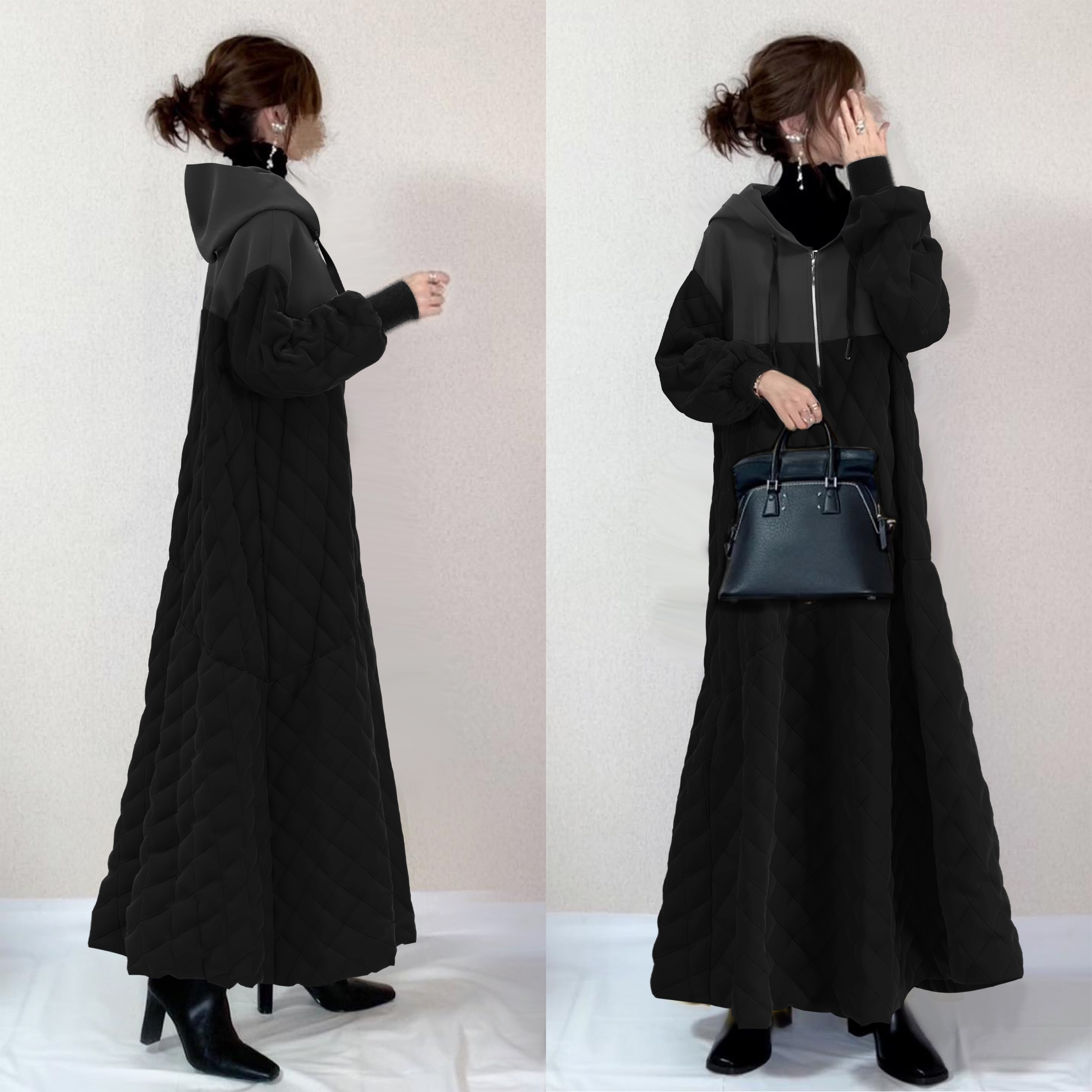 【新色追加!!】 おしゃれ度高め シンプル ギャザー 配色 長袖 フード付き カジュアルワンピース レディース 秋 冬 秋コーデ