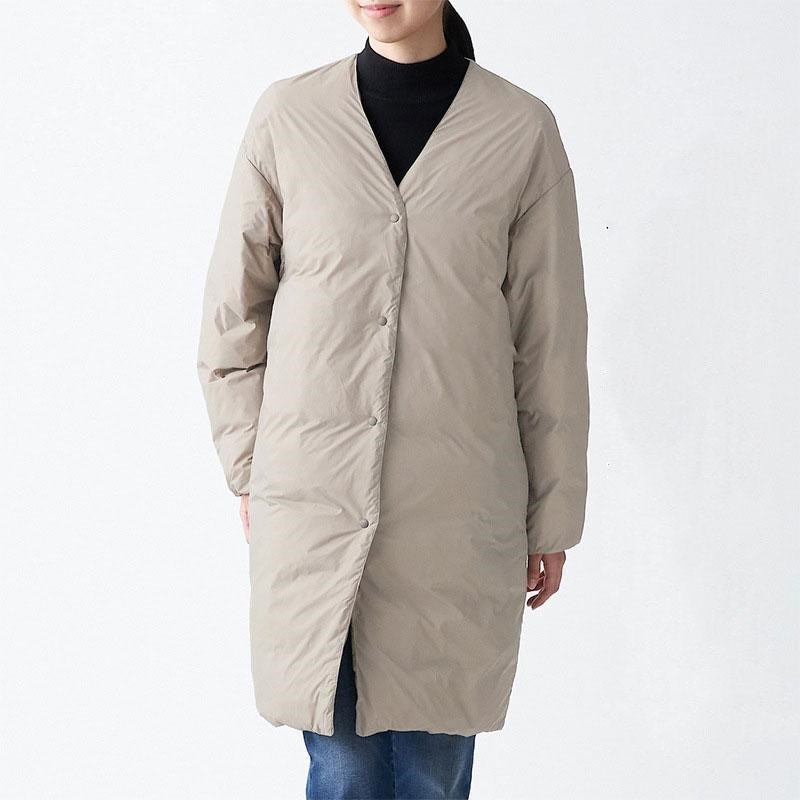 品大人気ダウンコートレディース冬服ロング丈ノーカラーコートVネックボタンダウン無地秋冬ダウンジャケット厚膝丈ゆったり暖かい保温防寒羽織り