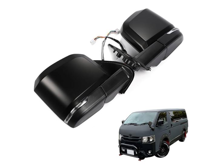 互換品 ハイエース 200系 6型ルック ドアミラー 電動格納 電動調整 ウィンカー付き カプラーオン 左右セット(マットブラック)