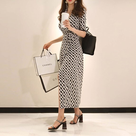 ワンピース ドレス スリット 半袖 Vネック 襟付き ロング丈 プルオーバー ウエストリボン ハイウエスト かわいい 大人可愛い きれいめ シンプル カジュアル 大人 上品 おしゃれ お洒落