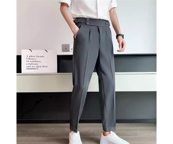 メンズ 男性用 パンツ ボトムス スーツ スラックス 9分丈 アンクル丈 フルレングス ストレート スマート ポケット ハイウエスト センターライン センタープレス 薄手 シンプル カジュアル 上品
