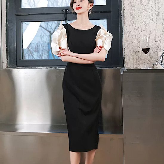 【取寄：納期2週間】結婚式ドレス デザインスリーブ ラウンドネック ミモレ丈 シンプル シック 無地 発表会 演奏会 レディース フレアドレス 結婚式 ステージ衣装 半袖 エレガント 8,467円