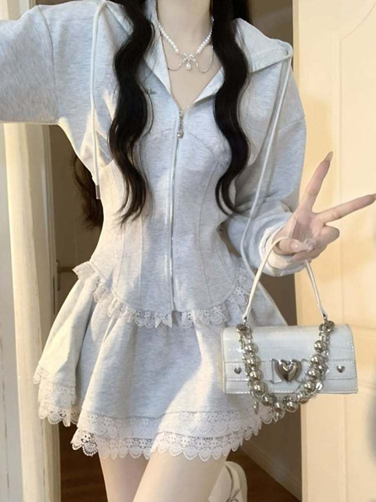 韓国風の甘くておしゃれな春と秋のレディース ツーピース セット: ハイウエストのレース パッチワーク トップスとふくらんだスカート