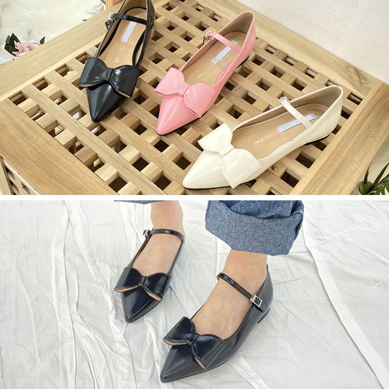可愛いリボン付きデザイン ストラップ付き ポインテッドトゥ ローヒール フラットシューズ 3color