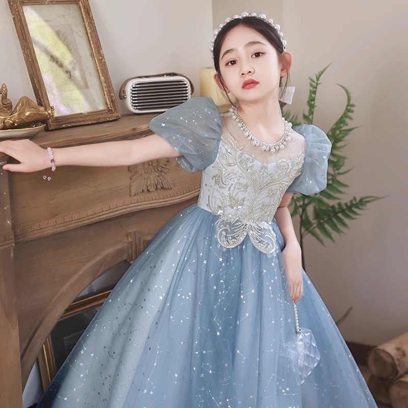 子供ドレス ブルー ピアノ発表会ドレス ロング 演奏会ドレス 女児ドレス キラキラ スパンコール 素敵 キレイめ 子供ドレス ピアノ発表会 ロングドレス キッズドレス 110~160cm