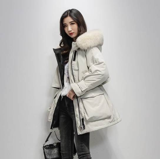 【全品ポイント2倍中!】フード ファスナー もこもこ ミドル丈 アウター レディース 上着 ダウンジャケット パーカー ジップアップ 送料無料 冬 ミディアム ミドル丈 長袖 襟なし ストレート