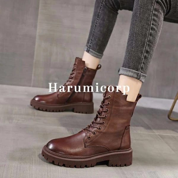 【即納】本革 ブーツ レディース 裏起毛 厚底 ショートブーツ 編み上げ レザー レースアップブーツ 幅広 シューズ 靴 くつ 軽量 美脚 きれいめ おしゃれ 大きいサイズ 小さいサイズ 脚長 婦人靴