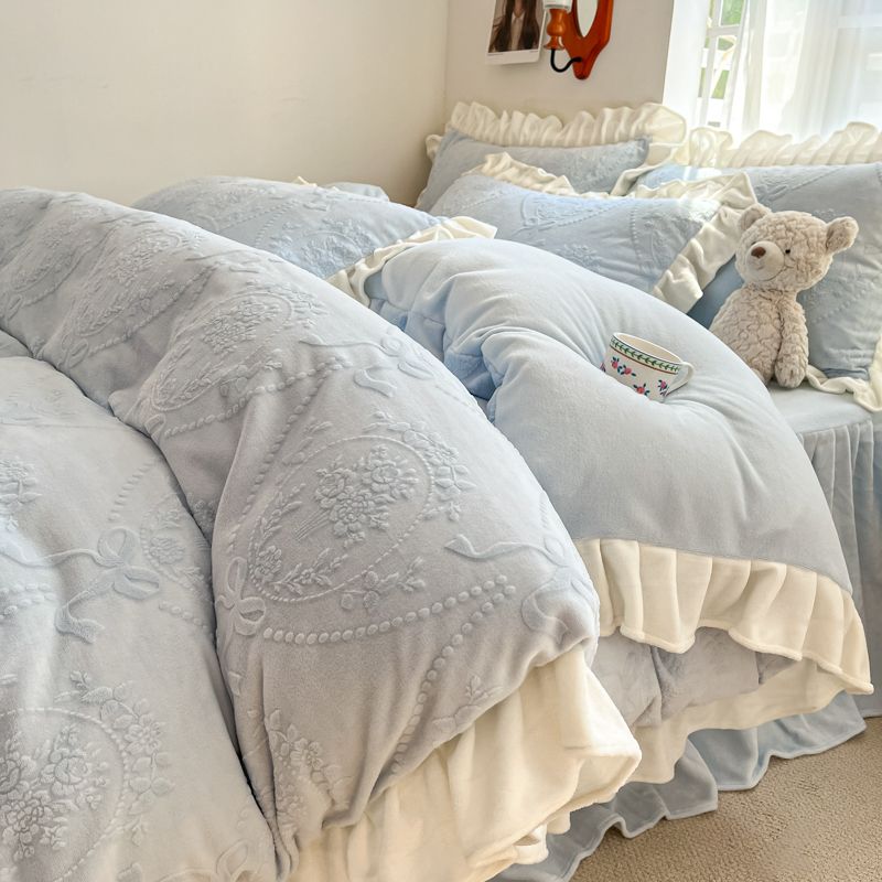 韓国版彫刻フロマージュミルクフロマージュ4点セット冬のサンゴフロマージュ厚手カバーフランネルベッドスカートシーツ3点セット