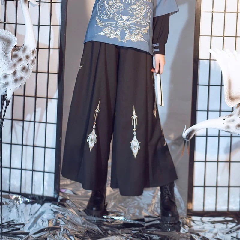 ガウチョパンツ レディース ワイドパンツ メンズ 刺繍ボトムス 合わせやすい 着痩せ ブラック 7,963円