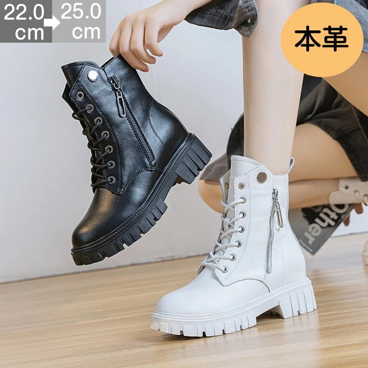 ブーツ レディースブーツ ショートブーツ 本革 レディース 4.5cmヒール 2.5cmインヒール レースアップ ミドル ワークブーツ おしゃれ 厚底 レディース 黒 レディース レディースブーツ カ
