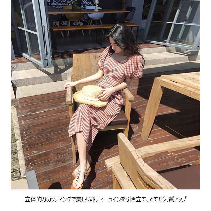 春 夏 ワンピース 夏 レディース 半袖ワンピース スクエアネック サマーワンピース チェック柄 バルーンスリーブ 半袖 ロングワンピ レトロ 夏ワンピ