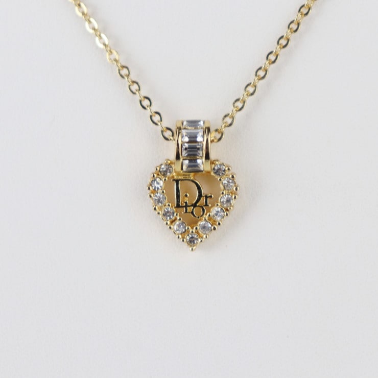 超美品 Christian Dior クリスチャンディオール ネックレス ロゴ ハート - ゴールド メタル ラインストーン レディース ペンダント【本物保証】