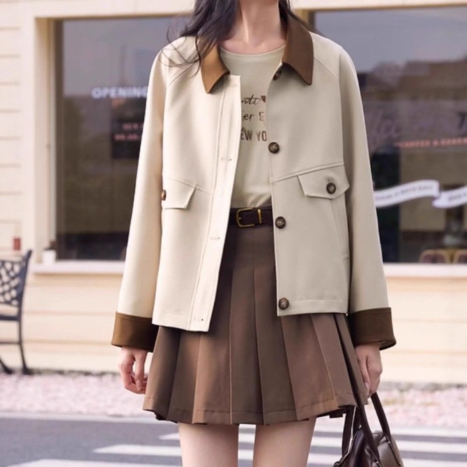 XYバーンスタイルベージュワークウェアショートジャケット2025秋新作アメリカンレトロカジュアルラペルウィンドブレーカージャケット