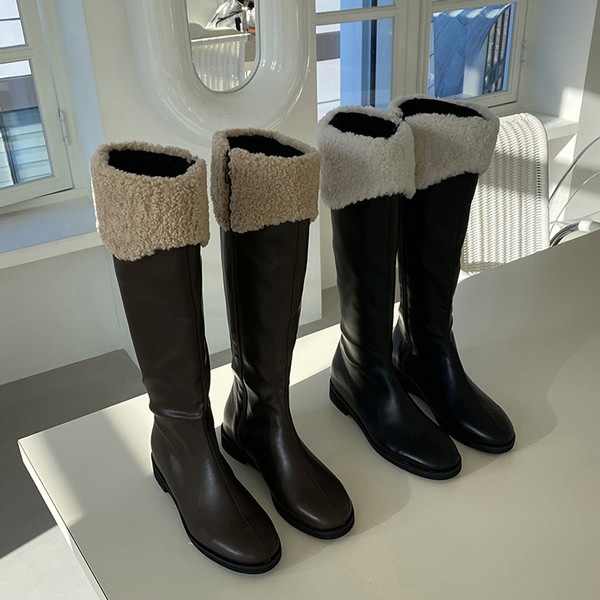 ロングブーツ フェイクファー サイドジップ モコモコ もこもこ フラット レディース 黒 茶