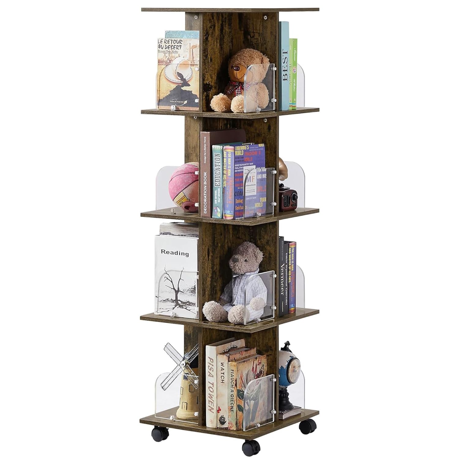 VECELO 本棚 回転式本棚 4段 おしゃれ キャスター付き A4対応 スリム 幅40*奥行40*高さ128cm 大容量 省スペース 組立簡単 手入れ簡単 オープン式 コンパクト 隙間収納 絵本 雑 9,435円