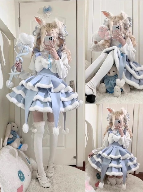 クリスマスコスチューム青と白のスリーピースぬいぐるみロリータドレスjskキュートで甘いプリンセスドレス