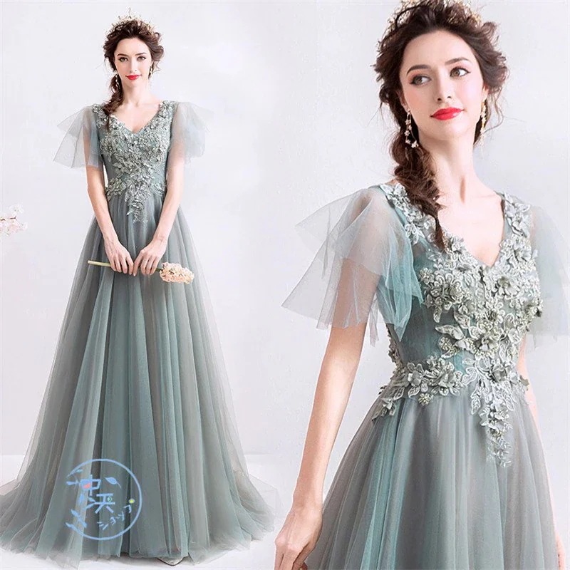 ウェディングドレス パーティードレス ロングドレス ロングレディース マキシワンピース Aライン チュール袖 Vネック 大人 結婚式 謝恩会 高級 上品 大人