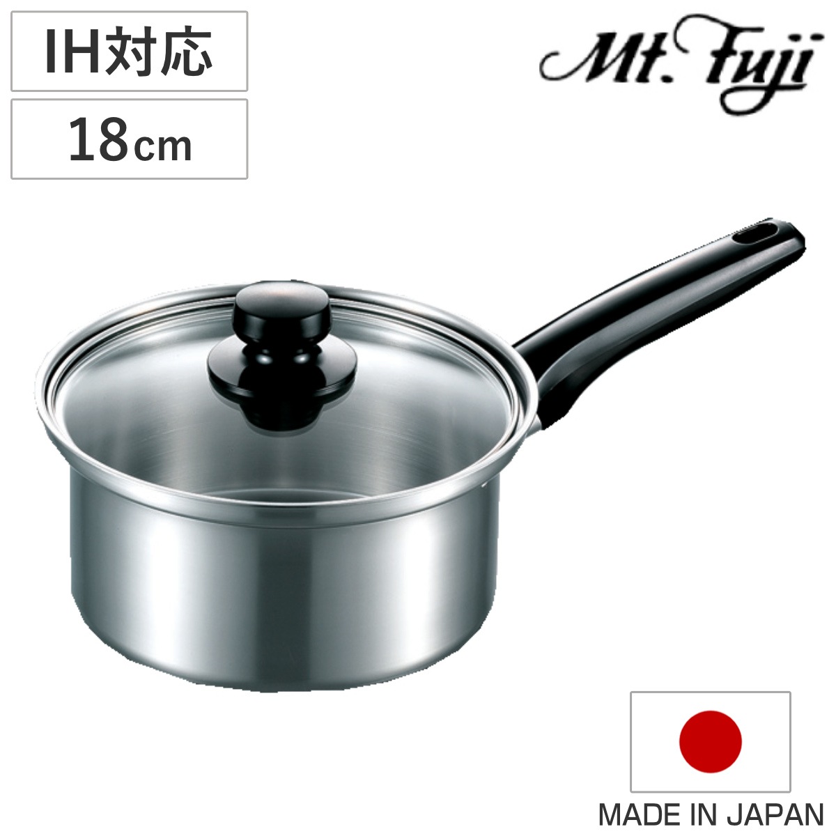 片手鍋 18cm IH対応 エレックマスターライト ミエール ステンレス製 日本製 フジノス ガス火対応 ステンレス鍋 ガラス蓋付き 軽い 鍋 なべ 片手なべ 18センチ フタ付き 国産 丈夫